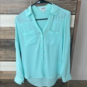 Express Mint Green Button-Front Long Sleeve Blouse